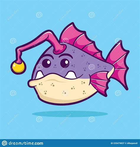 Cute Angler Fish Cartoon Vector Illustration Sea Animal Concept Stock