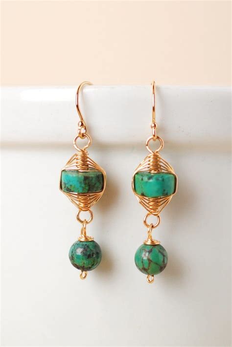 Unique Handmade Turquoise Gold Filled Herringbone Dangle Earrings For