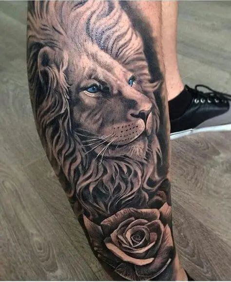12 Best Lion Tattoo Ideas Lions With Blue Eyes Lion Leg Tattoo