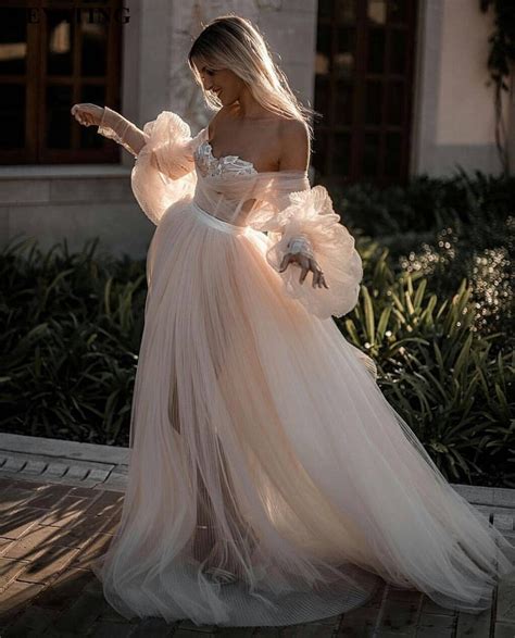 Romantic Off Shoulder Champagne Boho Wedding Dress Long Sleeves Vintage