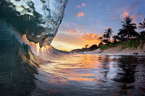View Inside Breaking Wave At Dawn At Sunset Beach North Shore Of Oahu