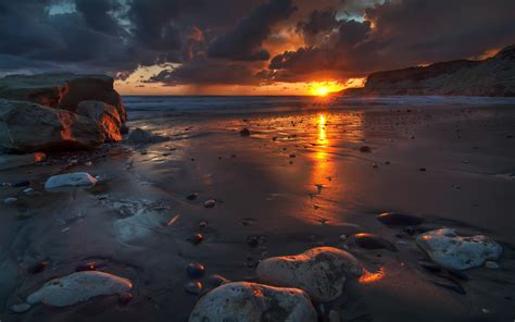 Coast Sunset Sea Beach Landscape Skyscape Cyprus 2560x1600