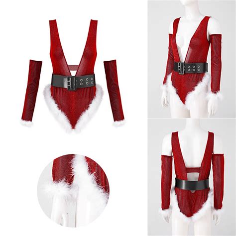 women sexy christmas costumes mrs santa claus role play outfit bodysuit with belt oversleeve wish