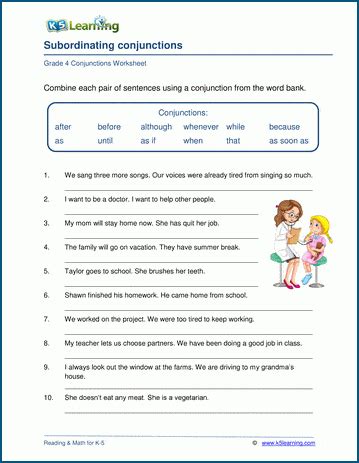 Subordinating Conjunctions Worksheets K Learning Conjunctions