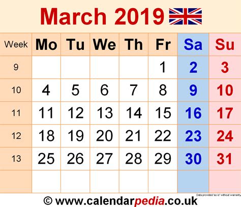 Calendar March 2019 Uk With Excel Word And Pdf Templates