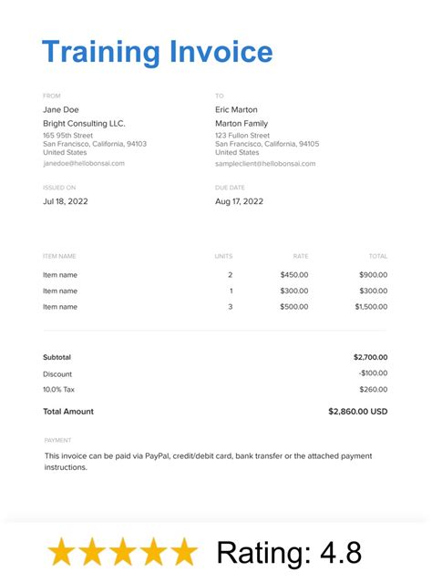 Free Training Invoice Template Customize And Download Bonsai