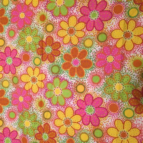 vintage 60s 70s floral fabric print mod floral flowers daisy circle circles pink green yellow