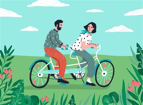 Cute Couple Riding On Tandem Bike At Nature Landscape Vector Flat