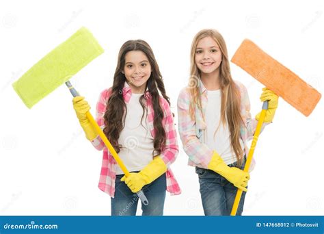 Sisters Hold Wet Mops Ready Start Cleaning Day Girls Cute Kids