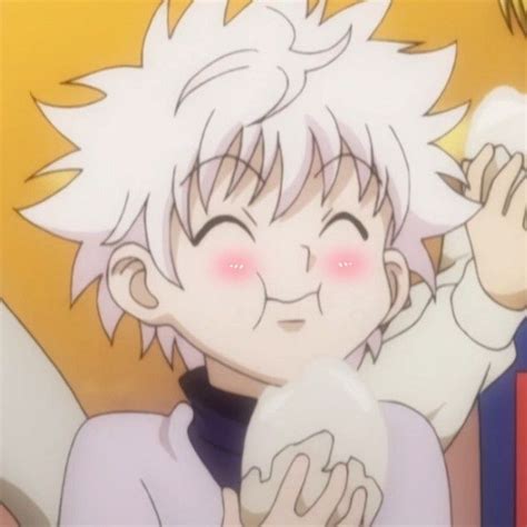 An Anime Character With White Hair And Pink Eyes Holding His Hands Up