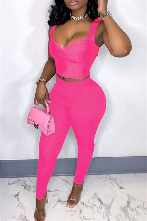 Wholesale Pink Sexy Casual Solid Backless V Neck Sleeveless Two Pieces