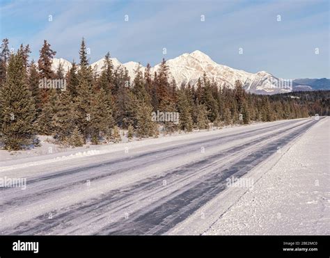 Snow Covered Trans Canadian Highway 93 Between Banff And Jasper