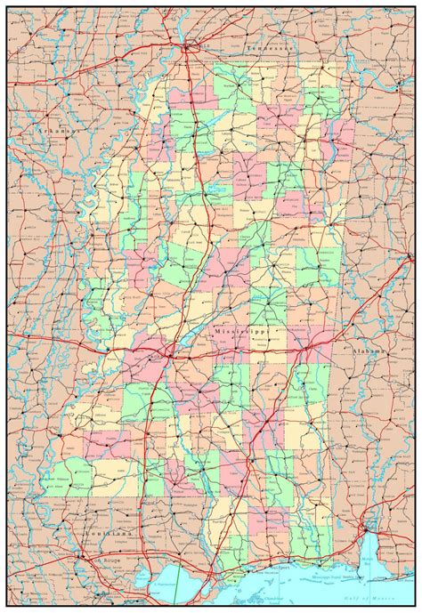 Large Detailed Administrative Map Of Mississippi State With Roads