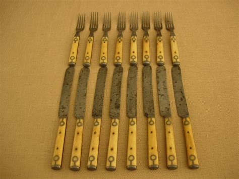 Bone Handle Knives And Forks Pewter Inlay 1900s Civil War