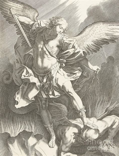 The Archangel St Michael Defeating The Devil Engraving Drawing By