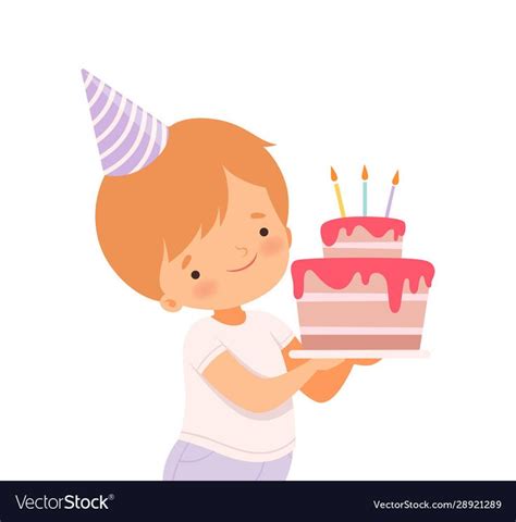 Little Boy Wearing Birthday Hat Carrying Cake Vector Image On