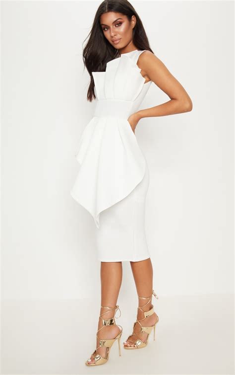 White One Shoulder Pleated Detail Midi Dress Prettylittlething Ie