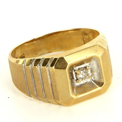 Vintage 14 Karat Yellow Gold Diamond Brushed Gold Mens Signet Ring Fine