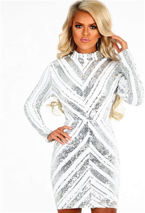 Life Of The Party Silver And White Sequin Long Sleeve Mini Dress