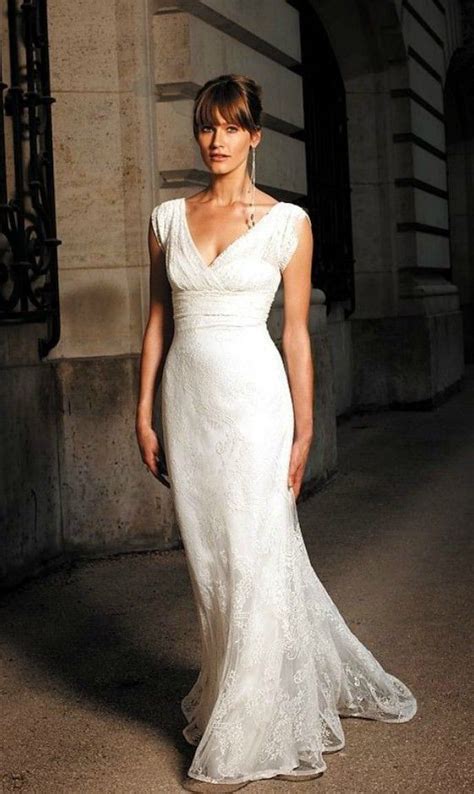 — wearing colors other than white. Elegant Lace V-neck Wedding Dress for Older Brides Over 40 ...