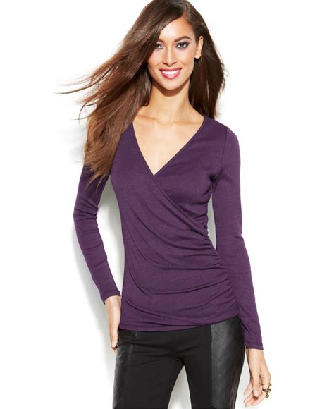 Inc International Concepts Long Sleeve Faux Wrap Ruched Top In Purple