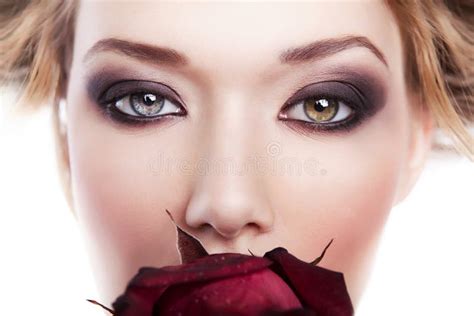 Beautiful Woman With Red Rose In Mouth Stock Photo Image Of Human