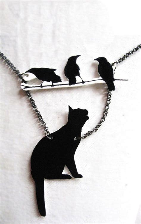 Black Cat And Bird Lover Necklace Animal Necklace Branch Etsy Black