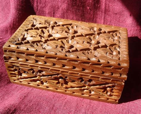 Beautiful Hand Carved Wooden Jewelry Box Vintage Wood Trinket Box