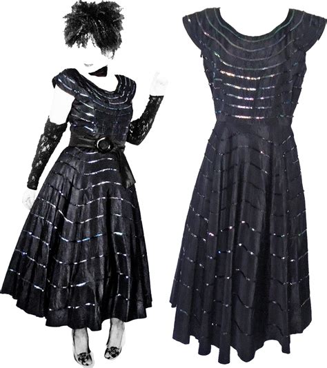 Vintage 40s50s Black Taffeta Iridescent Sequin Fit Flare Dress Shop