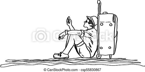 Male Traveler Sitting By Travel Bag And Using Mobile Phone Vector