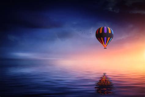Hot Air Balloon Over The Ocean At Sunset Hd Wallpaper