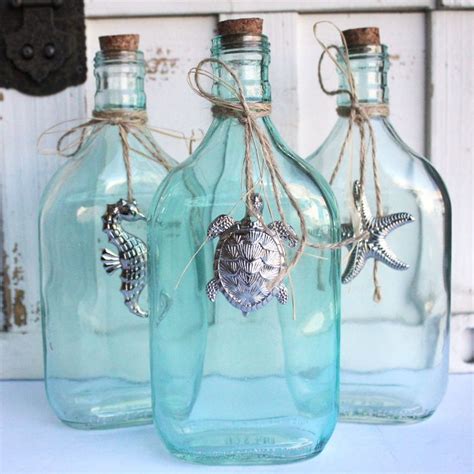 Pewter Charm Glass Bottles Set Of 3 Glass Bottles Blue Glass Bottles Wine Bottle Decor
