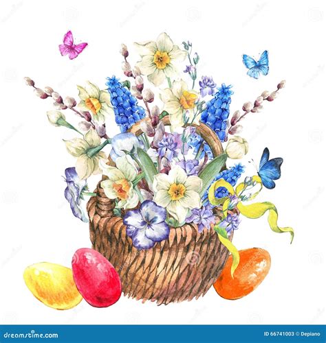 Happy Easter Spring Bouquet With Daffodils In The Wicker Stock