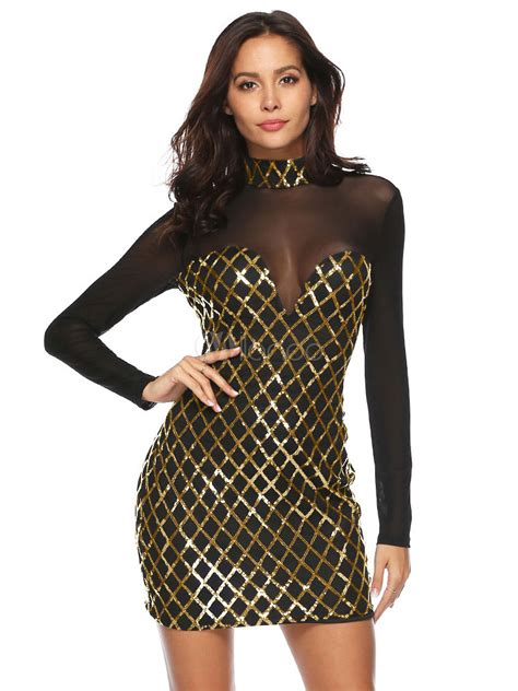 Woman Club Dress Stand Collar Sequins Long Sleeves Metallic Fit Party Sexy Dress