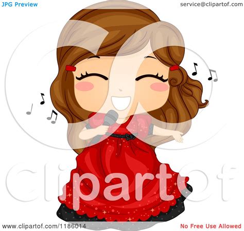 Cartoon Of A Cute Brunette Girl Singing In A Red Dress