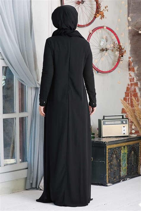 neva style dantelli siyah tesettür abiye elbise 20803s