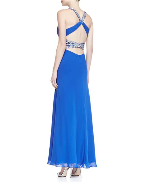 Faviana Beaded Halter Open Back Gown Royal Blue