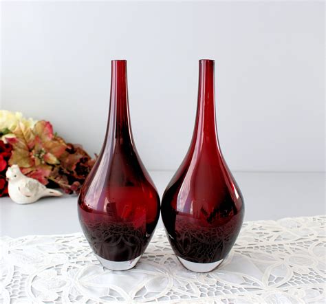 Vintage Ruby Red Teardrop Vases Large Glass Vases Heavy Dark Red Glass Vessels Set Of 2 Red