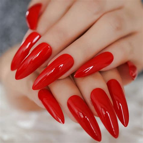 hot red sharp ending artificial nail tips flame extra long full fake finger nails stiletto shine