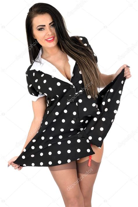 Attractive Young Pin Up Model Sexy Polka Dot Dress — Stock