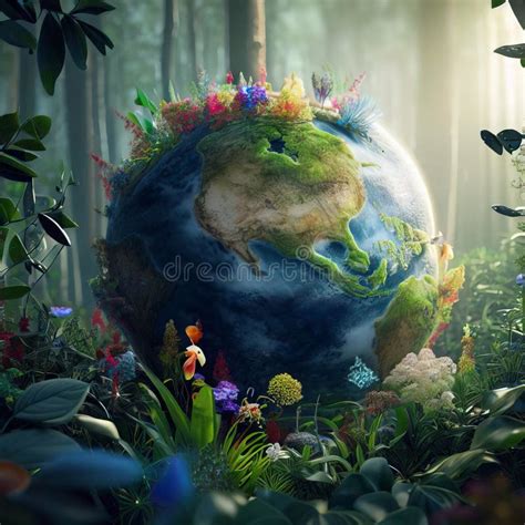Earth Growing In The Woods With Plants And Flowers Earth Day Concept