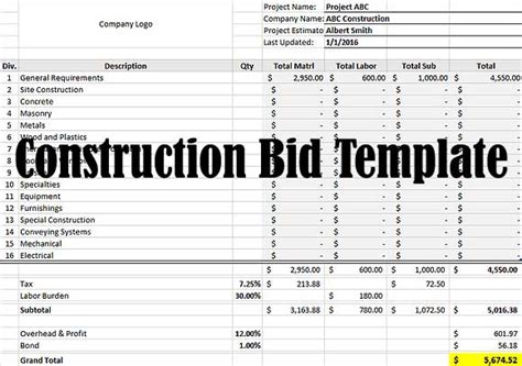 Construction Bid Template Bid Estimate Sheet Download