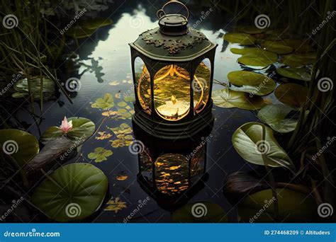 Lantern Floating In Still Pond Surrounded By Greenery Stock