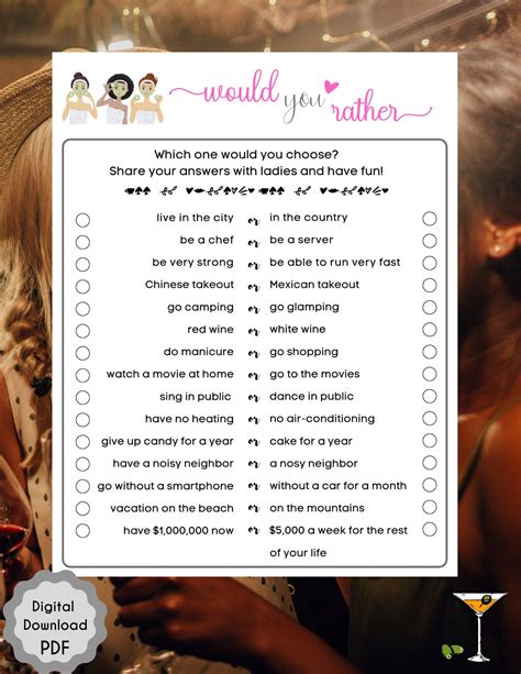 Ladies Night Game Would You Rather Game Girls Night Out Etsy