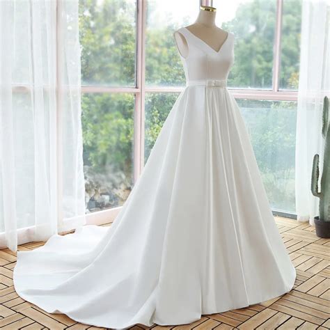 Real Photo Simple Satin Wedding Gowns V Neck Floor Length Bow Belt