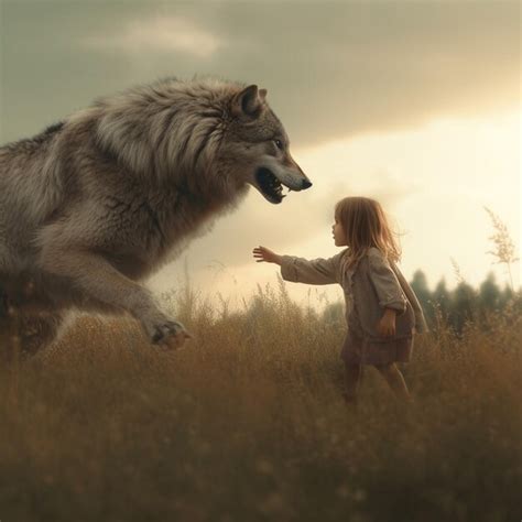 Premium Ai Image A Girl Is Running With A Wolf In The Grass