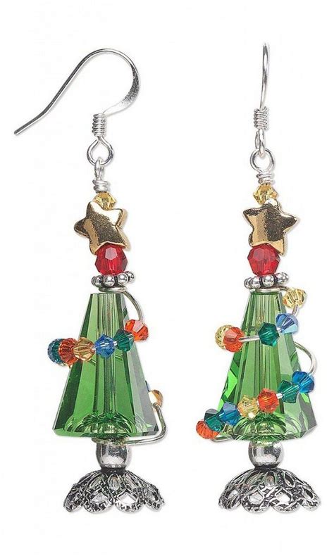 Christmas Tree Earrings With Swarovski Crystal Beads And Wire Wrap