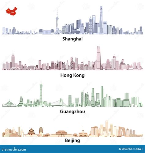 Abstract Vector Illustrations Of Shanghai Hong Kong Guangzhou And