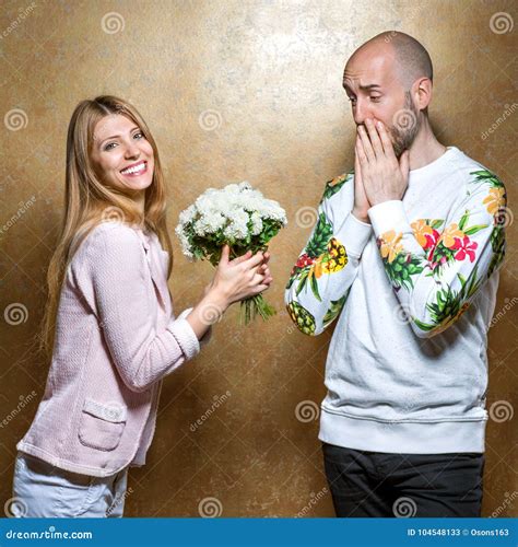 Guy With A Girl On Valentine`s Day Giving Flowers Stock Image Image Of Couple Attractive
