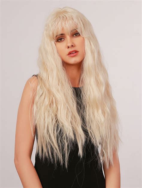 Platinum Blonde Wig Natural Long Loose Wave Synthetic Wig With Bangs
